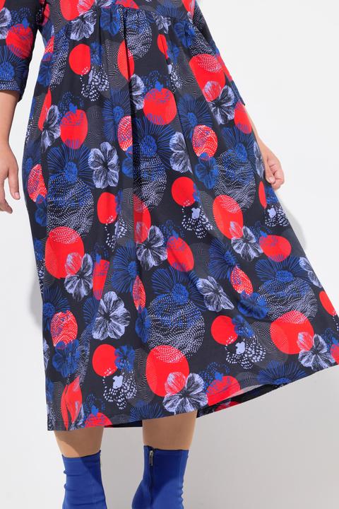 Actual product image Ulla Popken Abstract Floral Print 3/4 Sleeve Jersey Swing Empire Dress (56)