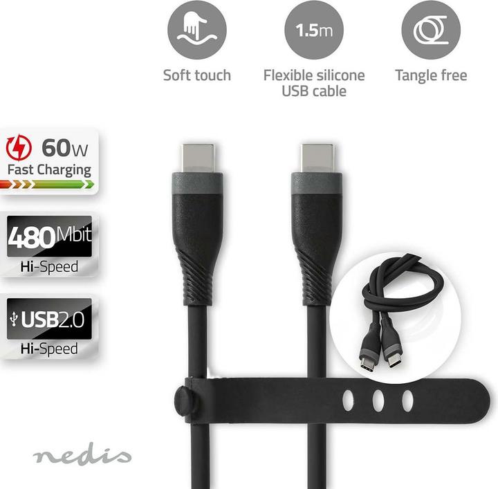Actual product image Nedis USB cable | USB 2.0 | USB-C™ plug | USB-C™ plug | 60 W | 480 Mbps | Nickel-plated | 1.50 m (1.50 m, USB 2.0, 60 W)