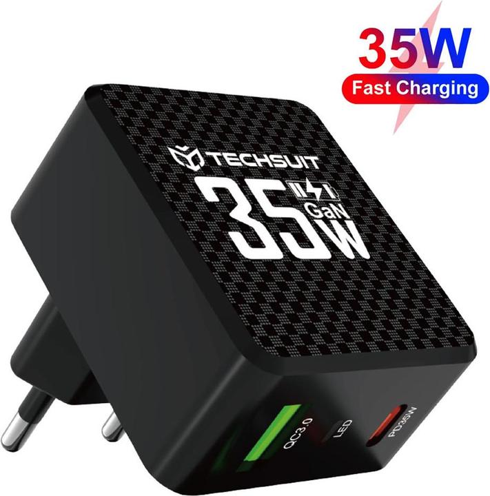 Techsuit - Premium Wall Charger Tiny Series (CHPD173) - GaN, USB, Type-C, Fast Charge, PD35W - Black (35 W)
