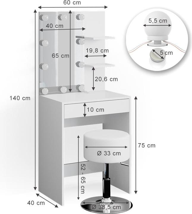 Actual product image Vicco Isabelle with LED lighting and stool (60 x 40 x 140 cm)