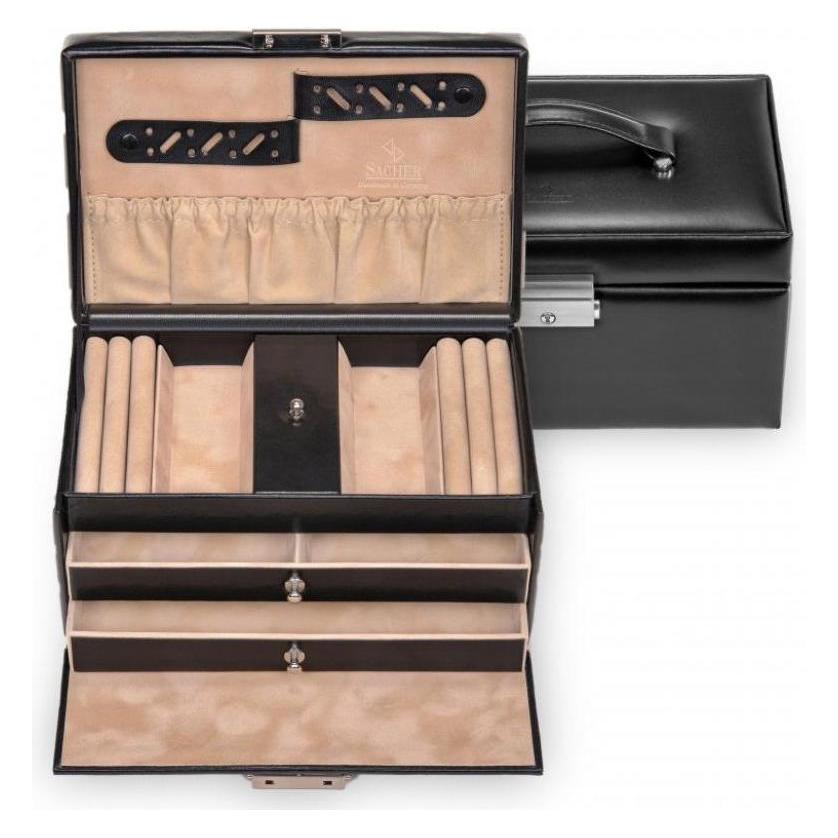 Sacher, Uhrenbox + Schmuckaufbewahrung, 27.107.010.443 - Schmuckkoffer Eva New Classic, Schwarz (Echt Leder ), Schwarz