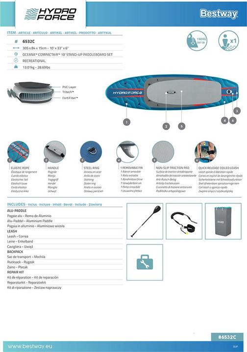 Image du produit Bestway Hydro Force Kit paddle SUP gonflable Oceana CompactAir avec pompe intégrée 3,05 m (10')