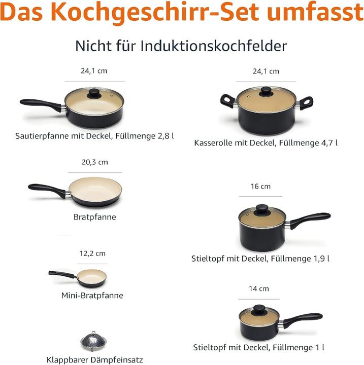 Actual product image Amazon Basics 11Piece Pan Set Ceramic Pots and Pans NonStick Coating PFOA and PTFE Free BlackCream (Pan set + pot set, Aluminium)