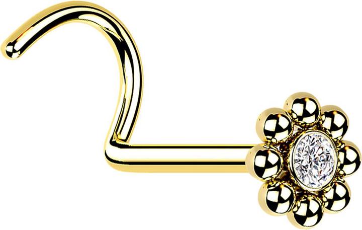 Produktbild Star Piercing Nasenstecker gebogen vergoldet Blume mit Kugeln und Kristall (ohne Messing, Chirurgenstahl 316L)