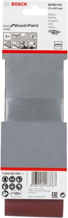 Image du produit Bosch Professional Zubehör PRO X440 bande abrasive, 75 x 457 mm, G60, G80, G100, 3 pcs. (100, 60, 80)