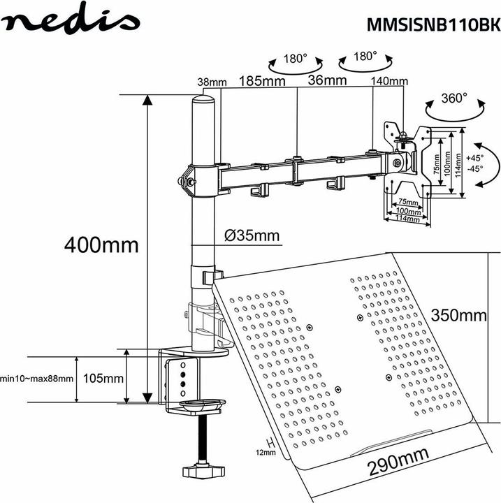 Actual product image Nedis Desk Monitor Holder | Notebook | 1 Screen(s) | 15 - 32 " | 75x75 / 100x100 | Int (Table, 32")