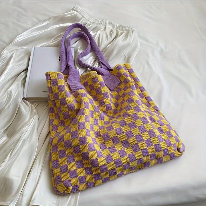 Only-Bags.Store Kariert gestrickt Umhängetasche, Trendy Plaid Pattern Tote Bag, grosse Kapazität Handtasche für