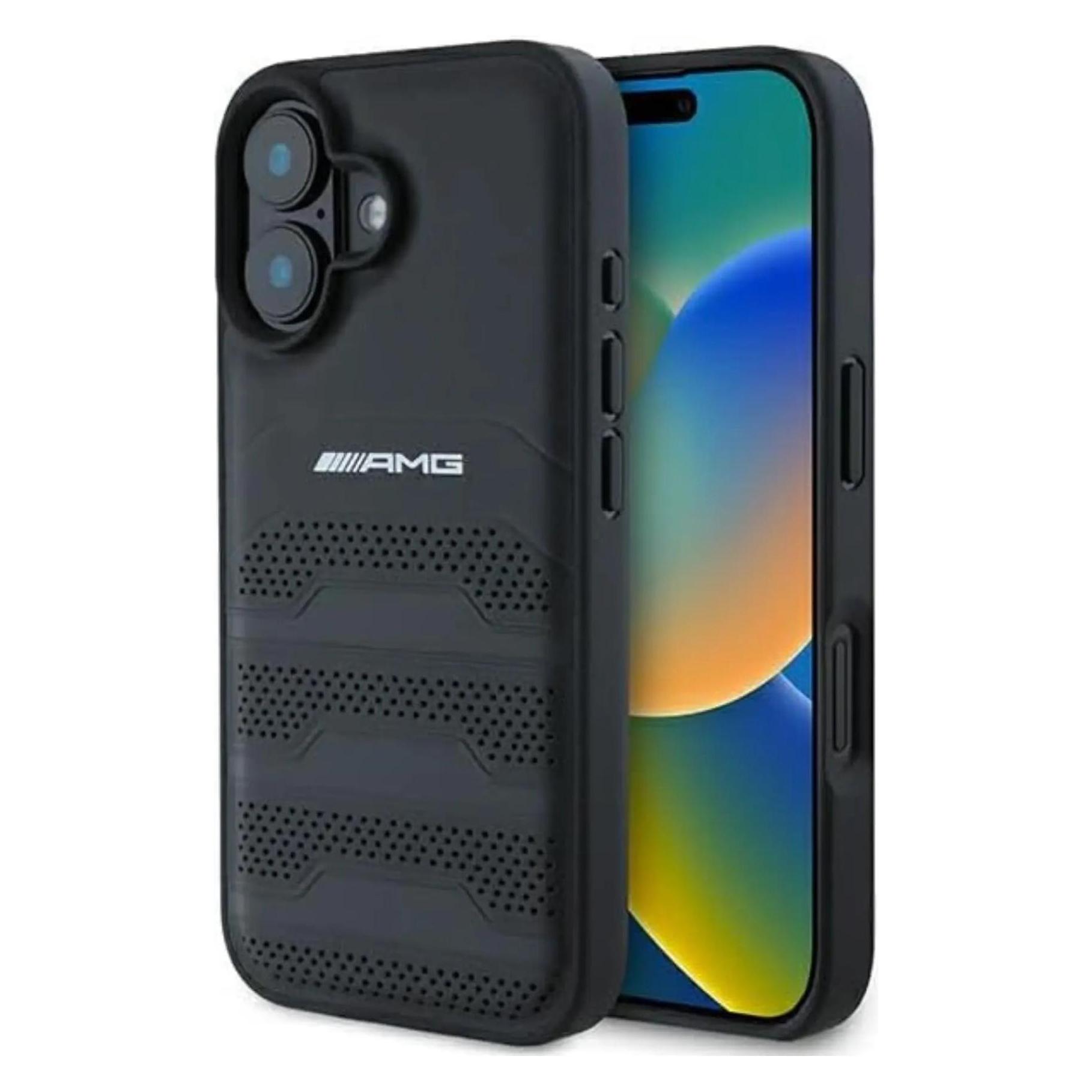 Mercedes Amg AMHCP16SGSEBK IPhone 16 6.1" Czarny/black Hardcase Leather Debossed Lines Black Logo (Apple IPhone 16), Smartphone Hülle, Schwarz