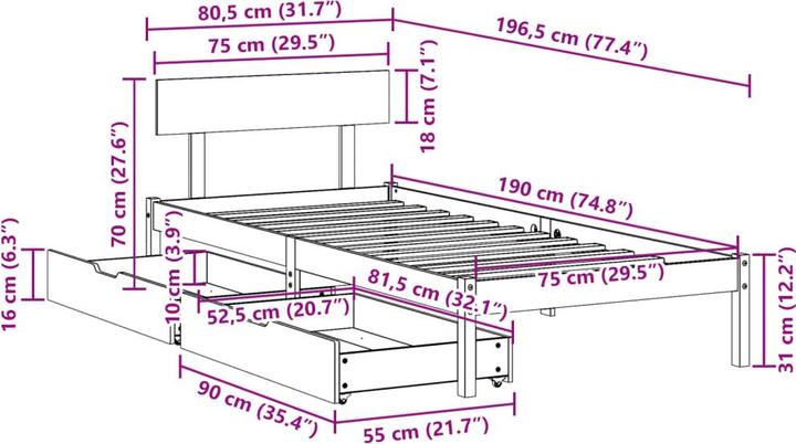 Image du produit vidaXL Bettrahmen (75 x 190 cm)