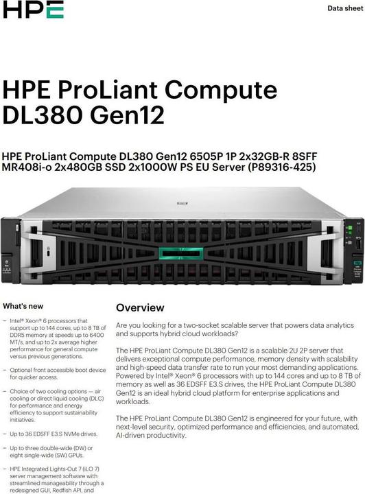 Produktbild HP HPE PL DL380g12 6505P (2.2/12C) 2x32G (P69727) 2x8TB MR416i-o 2x1000W 10GbE NBD333 Smart Choice (64 GB, Rack Server)