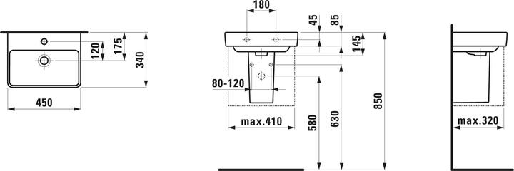 Actual product image Laufen Hand-rinse basin PRO S 450x340mm w overflow without tap hole white (340 mm, 450 mm)