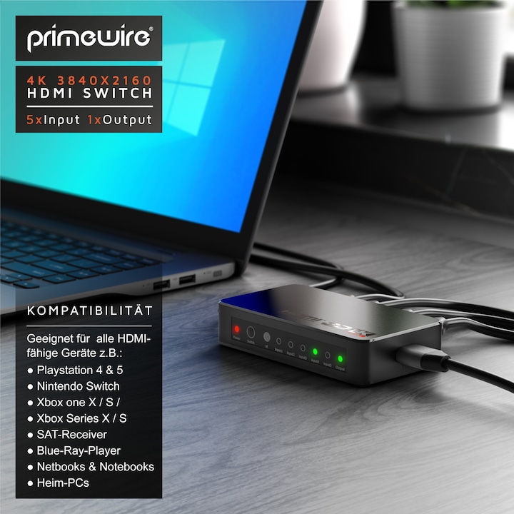 Immagine prodotto Primewire Switch HDMI 2.0, switch HDMI Ultra HD 4K a 5 porte con telecomando, distributore 5x IN/1x OUT