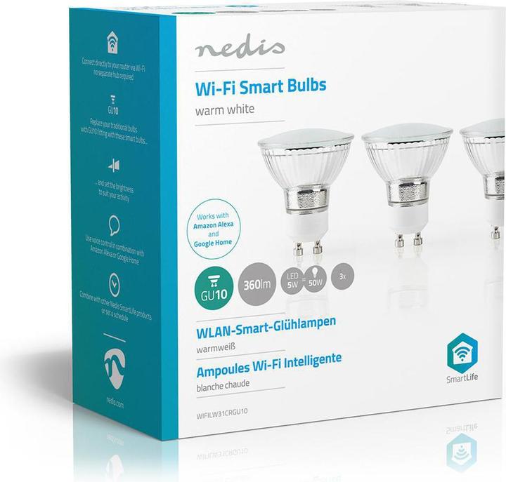 Image du produit Nedis Ampoule LED SmartLife | Wi-Fi | GU10 | 330 lm | 5 W | Blanc chaud | 2700 K | Classe énergétique : A+ (GU10, 330 lm, 3 x)