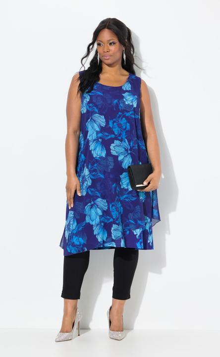 Produktbild Ulla Popken Kleid, doppellagig, A-Linie, Blüten, Rundhals, ärmellos (54)