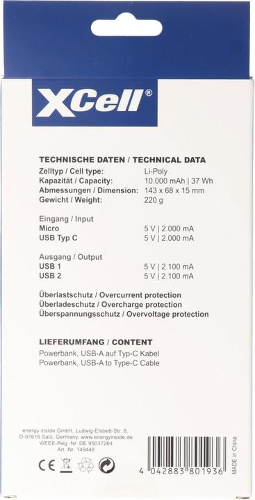 Label énergétique XCell Powerbank X10000 d'une capacité de 10 000 mAh, design épuré, écran LED