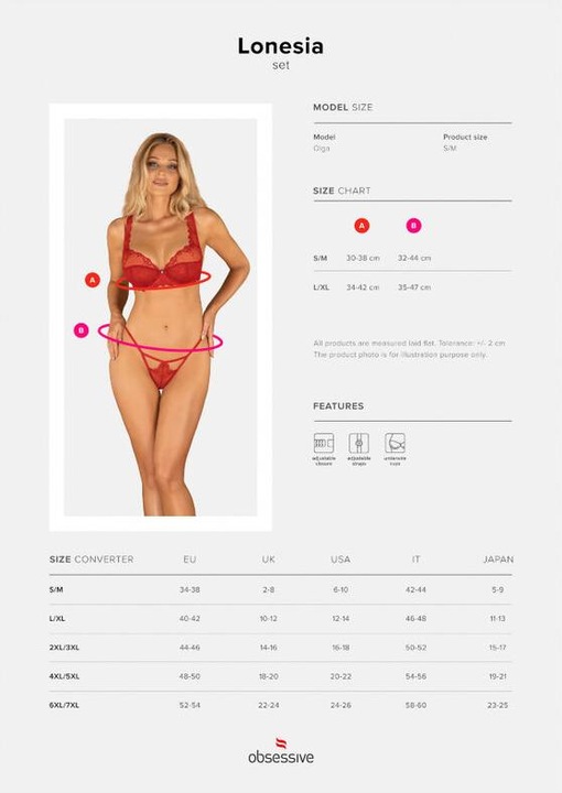Actual product image Obsessive Lonesia Lace Bra Set With Sexy Panties - Red (S, M, S/M)