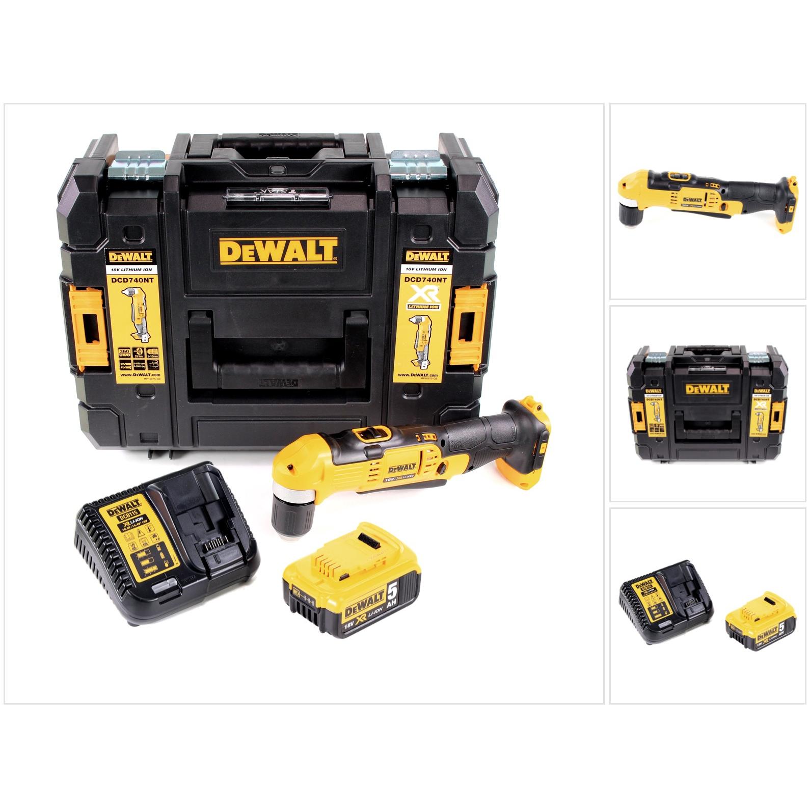 DeWalt, Trapano + Avvitatore a batteria, DCD 740 P1 18 V Trapano angolare a batteria in valigetta TSTAK II + 1x Batteria 5,0 Ah + Cari