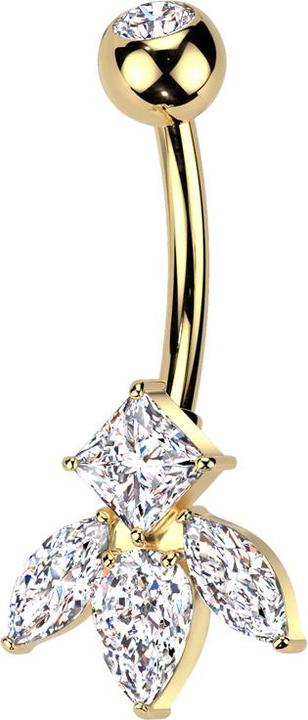 Actual product image Star Piercing Banane vergoldet mit Kugel Kristall silber und drei Ovale und ein eckiger Kristall silber (Brass, Titanium)