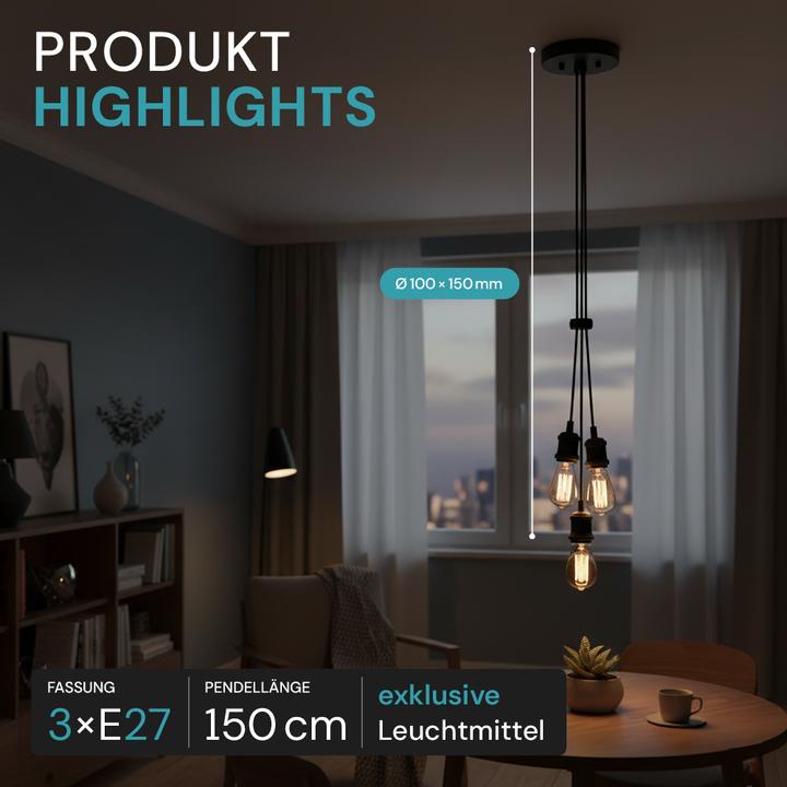Produktbild Luxula Pendelleuchte Avocado 3 flammig, für 3 x E27, Metall, 1,5 m Textilkabel, schwarz (E27)