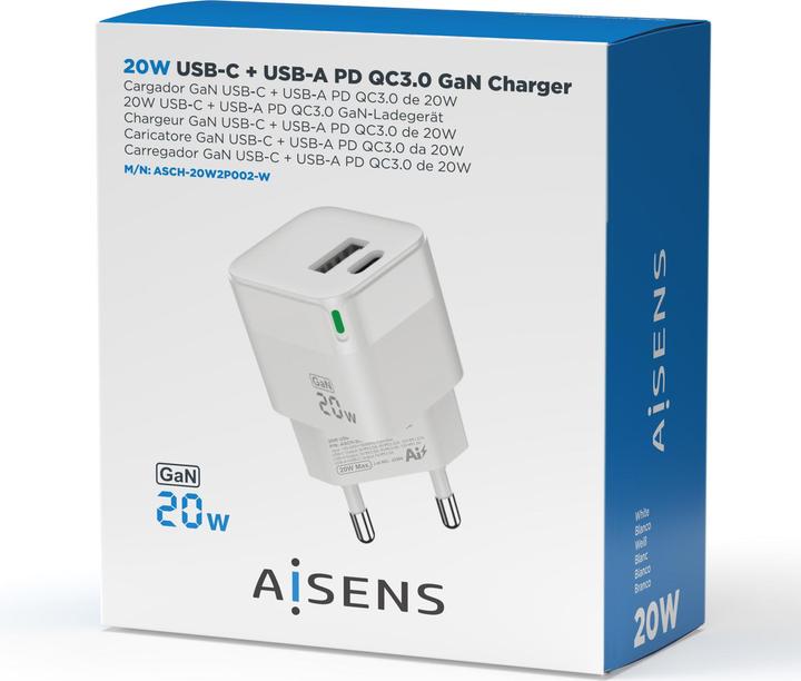 Actual product image Aisens CARGADOR GAN 20W 1XUSB-C PD3.0 QC4.0 1XUSB-A QC3.0 BLANCO (20 W, 2 ports)