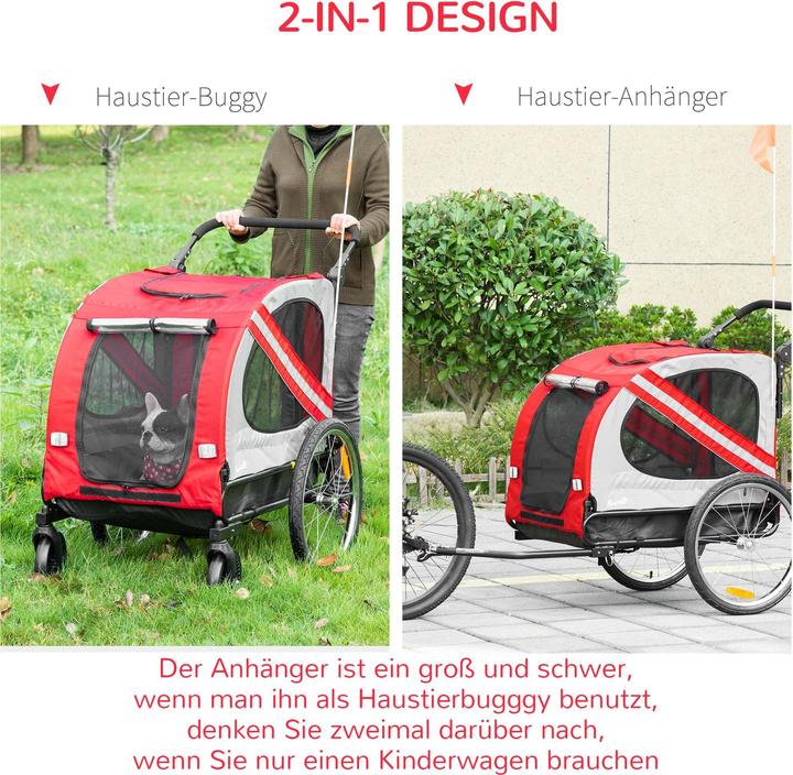 Produktbild PawHut 2-in-1 Hundewagen und Anhänger mit Luftpumpe und roter Fahne