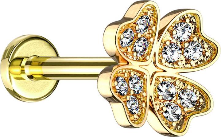 Actual product image Star Piercing Micro Labret Internal Thread 14k Gold Plated Cloverleaf with Crystal (Brass, Surgical steel 316L)