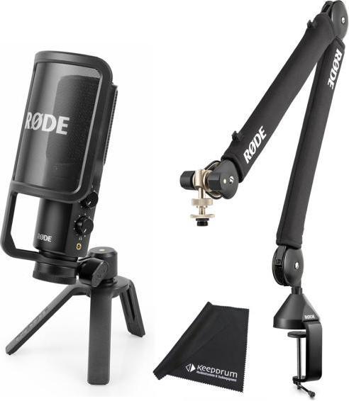 Metall-Popschutz, Befestigungsring mit Stativhalterung, Tischstativ, keepdrum Mikrofasertuch, USB-C auf USB-C Kabel, Rode NT-USB+ Mikrofon, PSA1+ Mikrofonarm