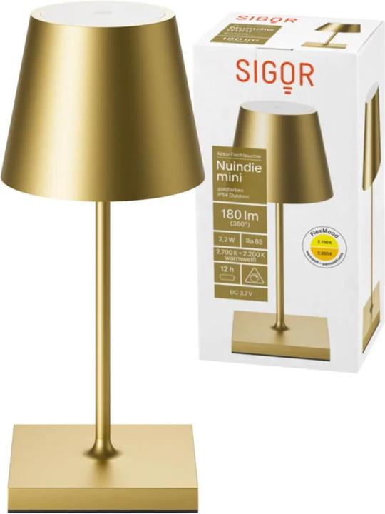 Immagine prodotto Sigor Lampada da tavolo ricaricabile Nuindie USB-C mini 25cm color oro 2,2W FlexMood 2200K/2700K IP54 (98.50 lm)