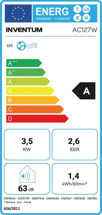 Label énergétique Inventum AC127WSET - Mobiele airco - 3-in-1 functie - 8,8 m groot bereik - Wit (12000 BTU/h)