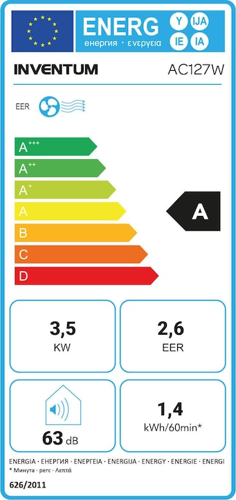 Energie-Label Inventum AC127WSET - Mobiele airco - 3-in-1 functie - 8,8 m groot bereik - Wit (12000 BTU/h)
