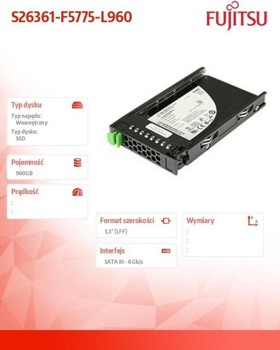 Actual product image Fujitsu SSD, SATA, /s Mixed-Use, hot-plug, 3.5 inch, enterprise, 5.0 DWPD, Drive Writes P (960 GB, 2.5")