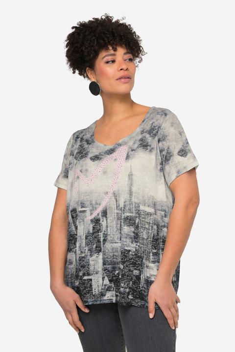 Actual product image Miamoda Half-Sleeve Crew Neck T-Shirt with Skyline Print with Heart (54)