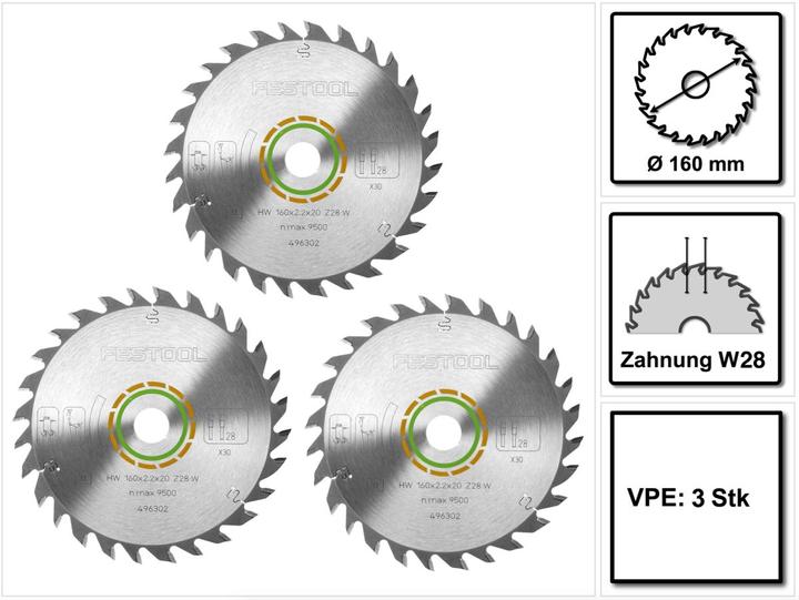 Festool Universal Saw Blade W28 - 160 x 2.2 x 20mm - 160mm - 28 Teeths for TS, TSC, ATF and AP - 3