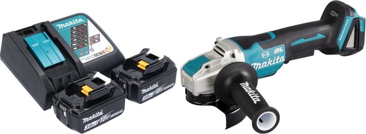 1x smerigliatrice angolare a batteria Makita DGA 520, 1x impugnatura laterale 36 cpl. (158237-4), 1x coperchio di protezione 125 mm (347618-9), 2x batteria Makita BL 1830 B 18 V 3.0 Ah, 1x caricabatterie Makita DC 18 RC