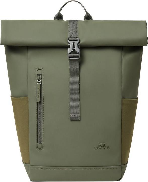 Actual product image Rivacase Rolltop Eco Waterproof RPET PU Leather Backpack for Men and Women, Olive Green (17 l)