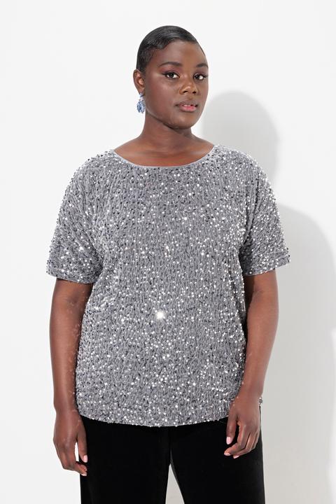 Image du produit Ulla Popken Blouse en velours à paillettes, col rond et manches courtes (46, 48)