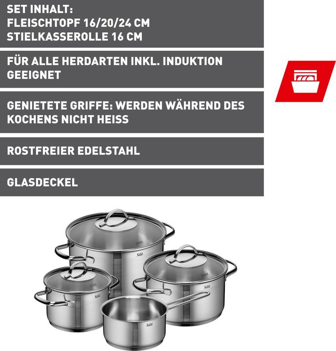 Produktbild Silit Topfset Induktion Kochtopfset 4tlg Glasdeckel Achat Edelstahl 18/10 (Pfannenset + Topfset, Edelstahl)