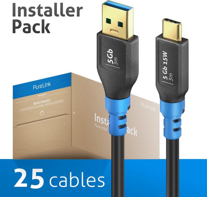 Produktbild Purelink FlexInstall USB-C auf USB-A Kabel USB 3.0 5Gbps 3.00m - Installer Pack 15 stk. (3 m, 15 W)