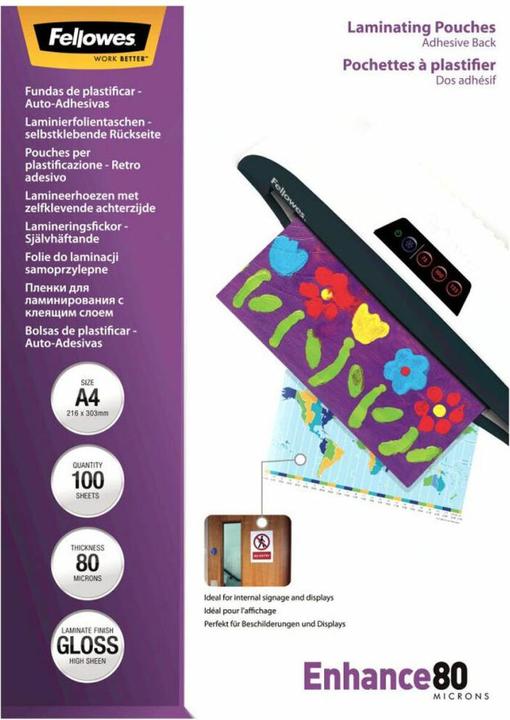 Produktbild Fellowes A4, 80 Mikron, selbsklebend (A4, 100 Stk., 80 µm)