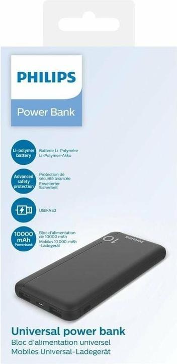 Actual product image Philips Slim Powerbank 10000mAh with LED + Micro-USB cable black (10000 mAh, 10 W, 37 Wh)