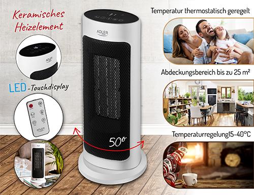 Actual product image Adler AD 7738 Ceramic LED fan heater with remote control + timer (2000 W)