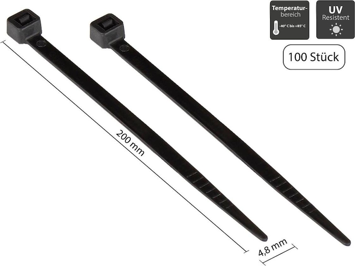 Produktbild Varia Kabelbinder 200 mm x 4,8 mm, schwarz, UL, UV-resistent, -40 C bis 85 C, 100 Stck (Kunststoffkabelbinder, 200 mm, 100 Stk.)