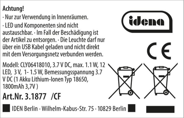 Actual product image Idena LED Lampe Riako Akku USB C warmweiss 16x29cm dimmbar Innen