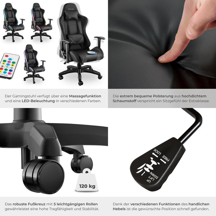 Produktbild tectake Gamingstuhl Tartaros, LED, Massagefunktion