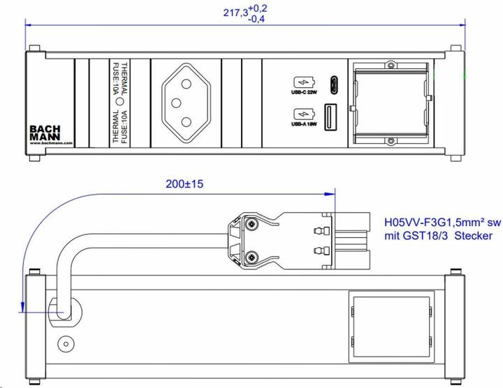 Produktbild Bachmann Einbausteckerleiste CONI, 1x T13, 1x USB A/C, 1x Custom leer (1 x, Typ 13, USB-A, USB-C, 0.20 m)