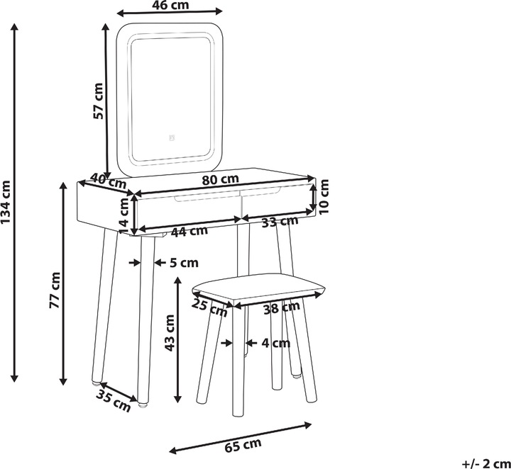 Produktbild Beliani Schminktisch mit 2 Schubladen, LED-Spiegel und Hocker Weiss/Grau DIEPPE (80 x 40 x 134 cm)