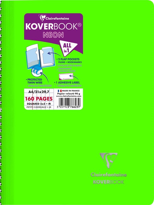 Image du produit Clairefontaine Cahier reliure intégrale enveloppante Koverbook Neon A4 160 pages petits carreaux + marge couverture (A4, Quadrillé, Non contraignant)