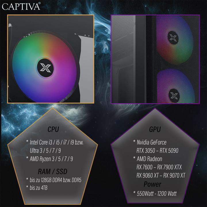 Produktbild Captiva PC Highend Gaming I10-0242 (i5-14400F/RTX5080 16GB GDDR7/SSD 2TB/32GB/WLAN/w/o OS) (2000 GB, 32 GB, GeForce RTX 5080)