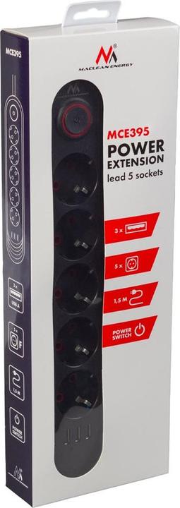 Actual product image Maclean Multiple socket outlet, extension cable with 5 sockets + 3 USB ports, 110-240 V (5x, USB-A, 1.50 m)