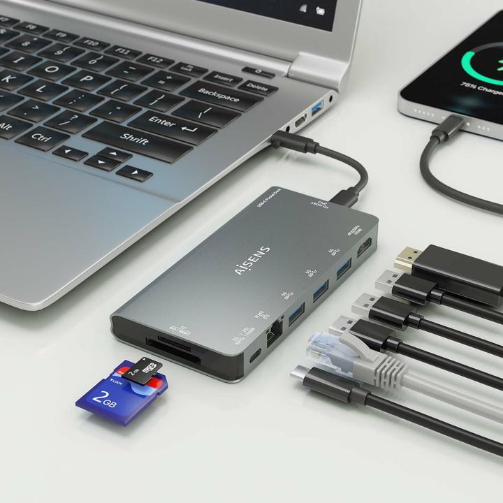 Produktbild Aisens USB-C DOCK 8 EN 1 HDMI RJ45 3XUSB-A USB-C DATOS PD 1XSD 1XMICRO SD (USB-C, 8 Ports)